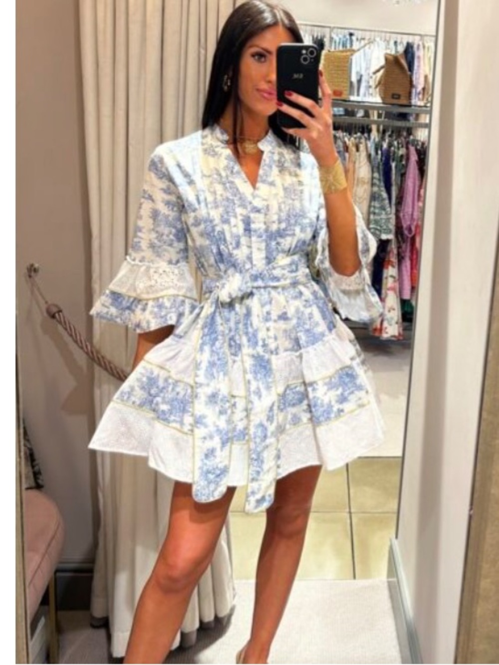 Pep’s Canes Pleated Blue & White Floral Tie-Waist Mini Dress